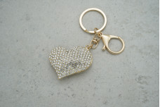 Брелок серце зі стразами білими (з кільцем + карабін)