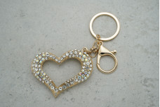 Брелок серце зі стразами білими (з кільцем + карабін)